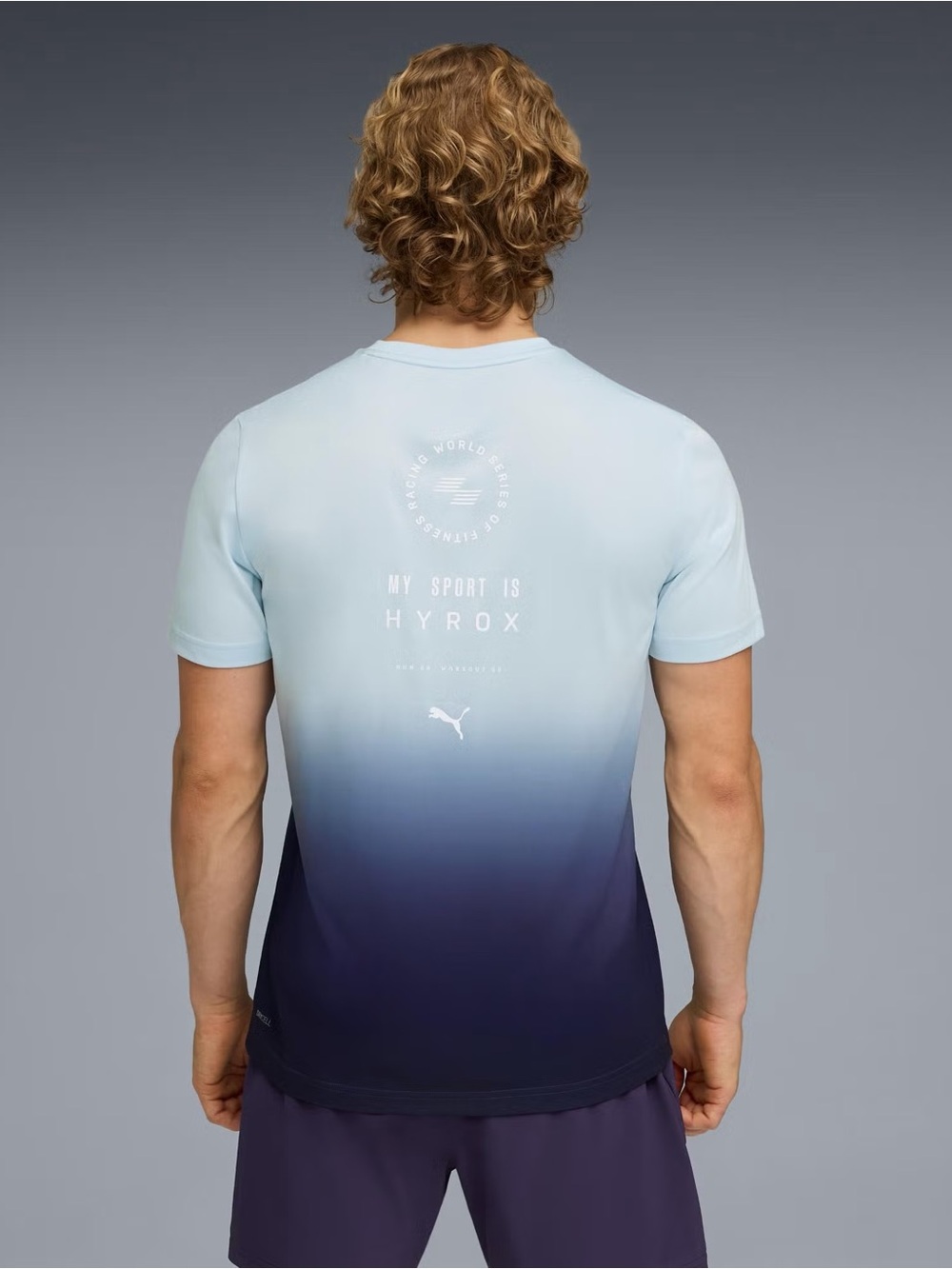 Puma x HYROX Poly Graphic Tee Light Blue Lucite Deep Plum Sz. S NWT
